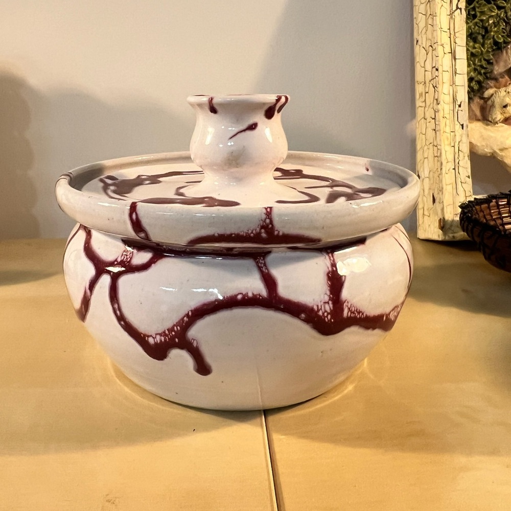 Signed White Ceramic Candle Holder with Red Accents